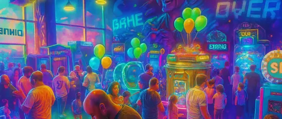 איור צבעוני של אולם הארקייד ב-GAME OVER, עם משחקי זרקור, בלונים ותאורת ניאון